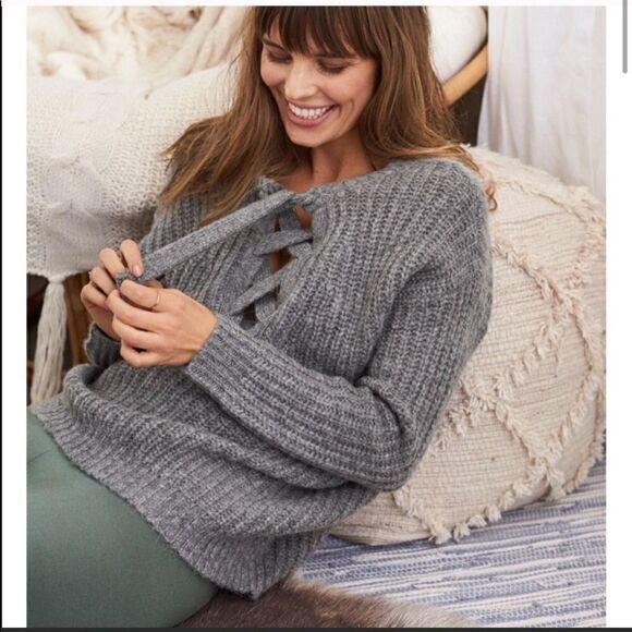 Aerie grey lace up front sweater - Picture 1 of 12